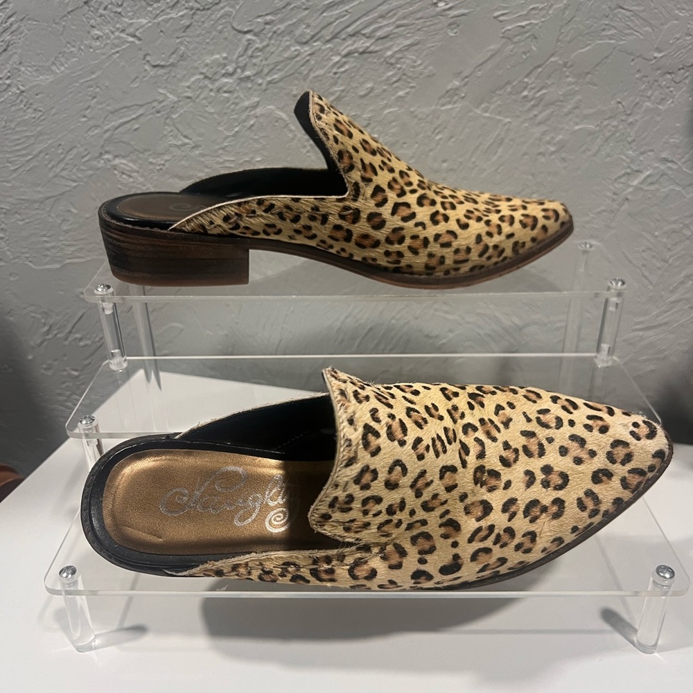 Light Tan Animal Print Mule Style Shoes with Pointed Toe and Low Heel
